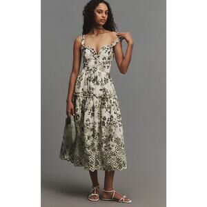 Anthropologie Ruffled Sweetheart A-Line Eyelet Midi Dress Green/Cream Size Large